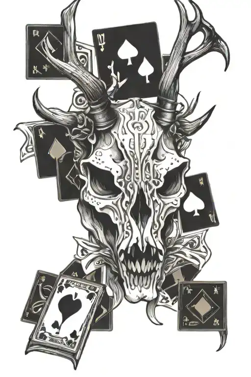Deer Skull With Horns And Playing Cards Surrounded