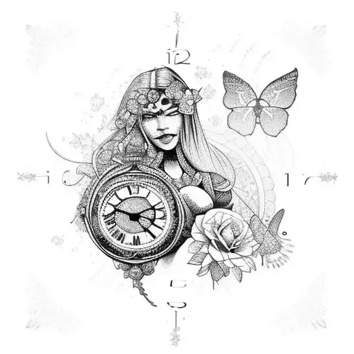 A Female Warrior With Flowers A Clock On And Butterflies Around Her