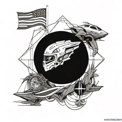 A Futuristic Halo-inspired Tattoo Design Incorporating Elements Of Patriotism And Nautical Themes