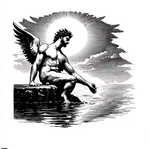 Icarus Sitting On A Ledge Looking At The Sun With His Foot In The Water