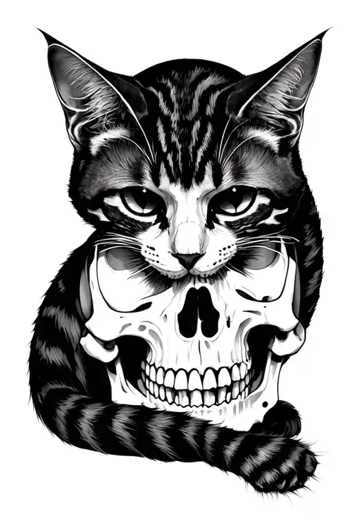 Cat Resting Over A Skull