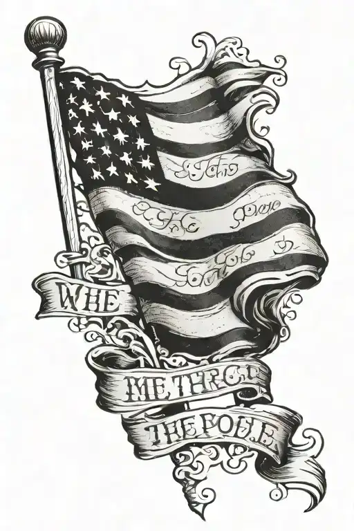 American Flag And We The People Written On It In Old English Script