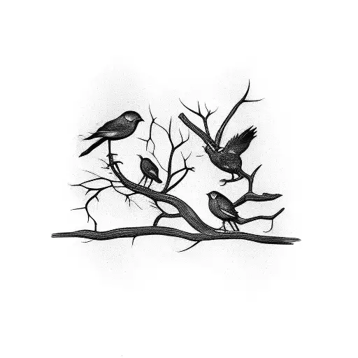 Two Birds On A Branch With One Bird Flying