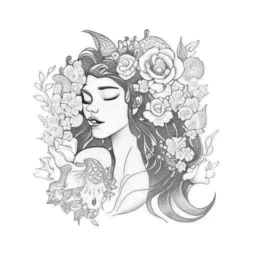 A Beautiful Blackwork Tattoo Of A Sleeping Mermaid Surrounded By Vibrant Flowers