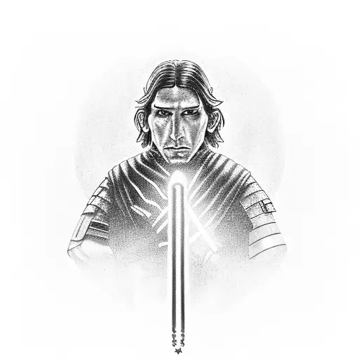 A Realistic Portrait Tattoo Of Kylo Ren With His Iconic Crossguard Lightsaber