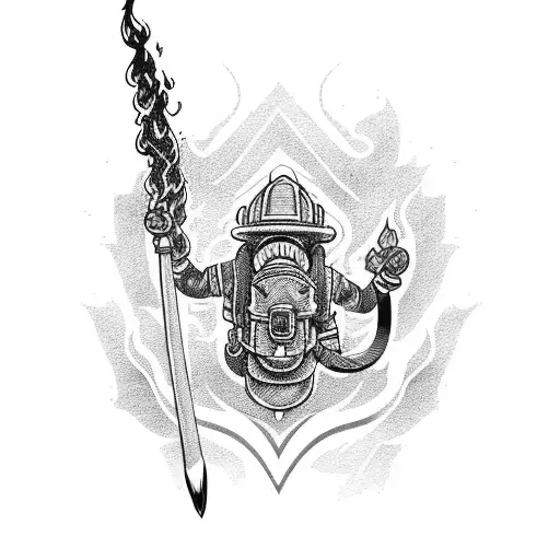 A Fierce Firefighter Battling Flames In A Blackwork Style
