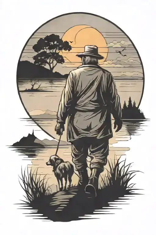 Grandpa Walking Into A Sunset With Hevan Over It