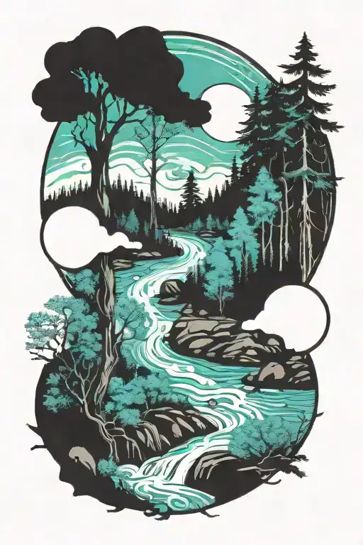 A Mystical Forest Scene With A Turquoise River Running Through It