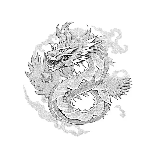 Anime-inspired Worker With A Japanese Dragon As A Background In A Blackwork Style