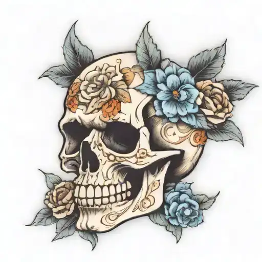 Skull With Flowers Tatted On The Skull Wearing