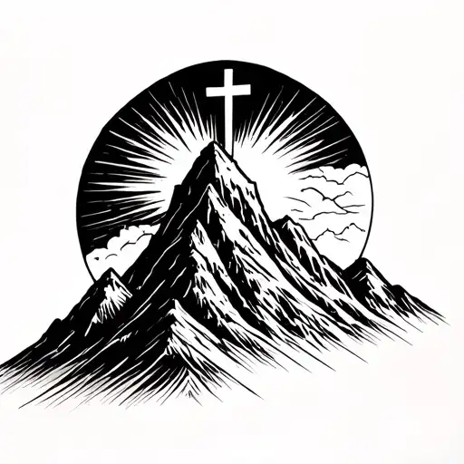 Mountain Peak With A Cross On The Tip With Light Shining