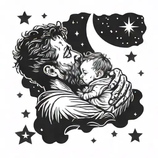 A Celestial Scene Of A Father And Baby Gazing At The Stars Together