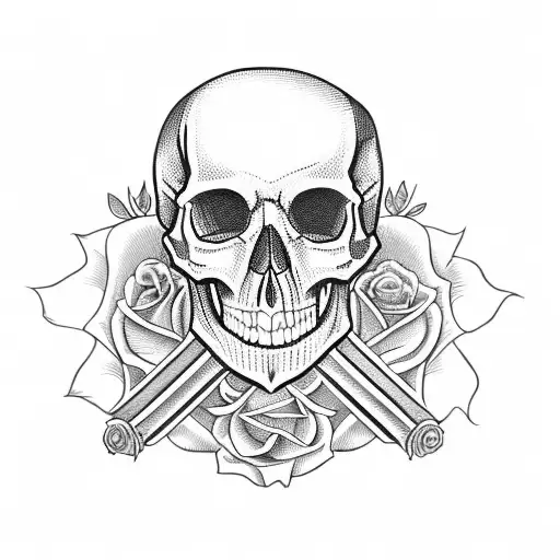 Skull With A Sword Through It And Rose's Around It