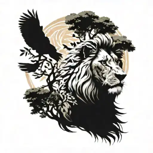 Lion With Mane With A Tree Next To It With Birds