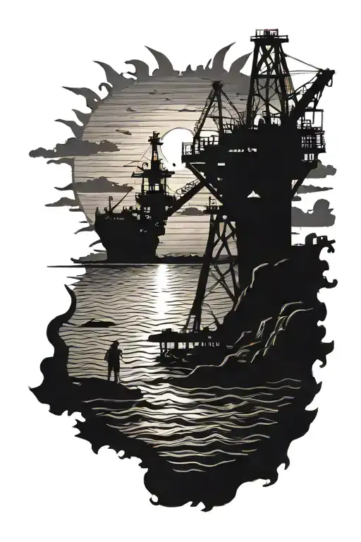 A Sun Setting Over The Ocean With Silhouettes Of Mining Equipment In The Foreground