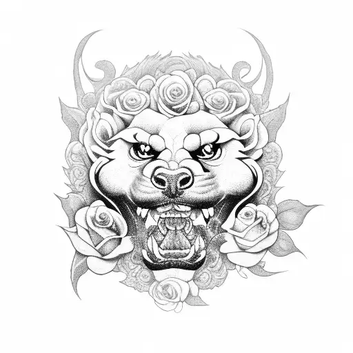 Foo Dog With Roses And A Snake