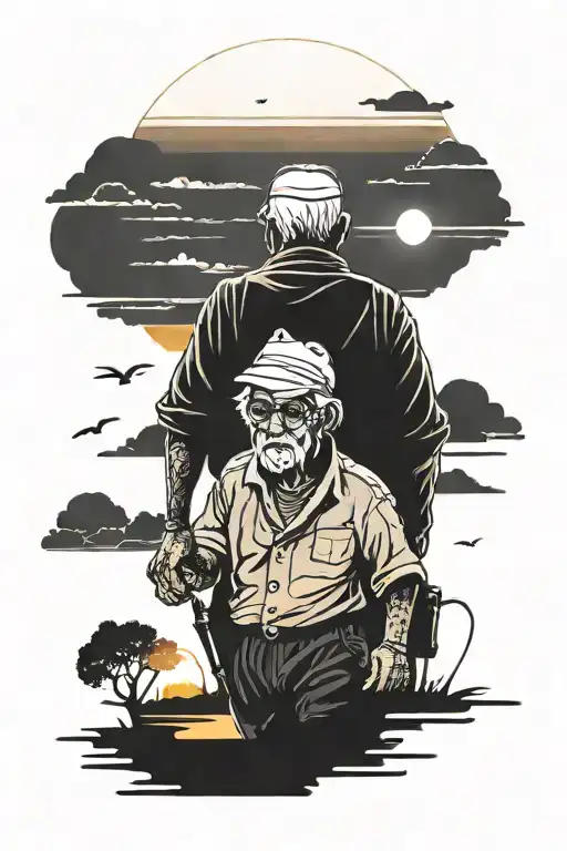 Grandpa Walking Into A Sunset With Hevan Over It