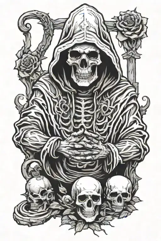 Skull Praying Hands In Grave Yard Wearing Hood Holding