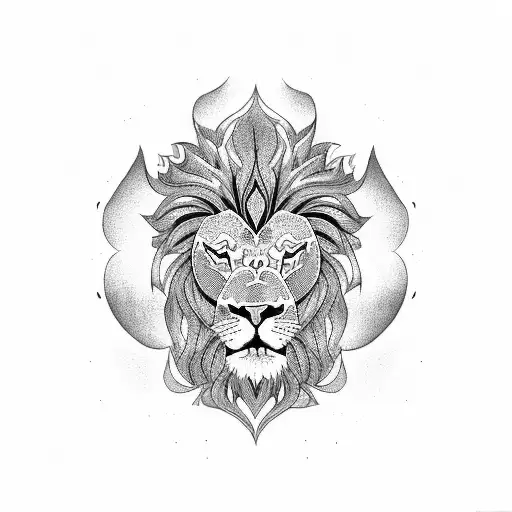 A Blackwork Tattoo Of A Lion's Head Composed Of Intricate Rose Patterns