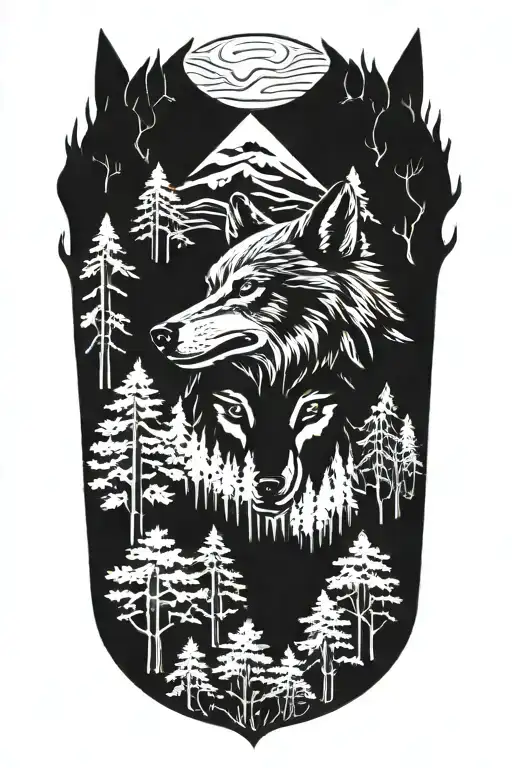 Wolf Head Sorrounded By Many Trees Blackwork