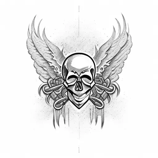 A Skull Head Surrounded By Metal Wings In A Blackwork Style