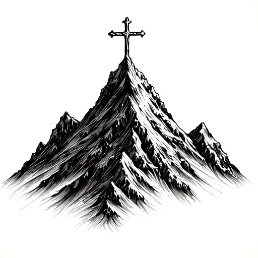 Mountain Peak With A Cross On The Tip With Light Shining