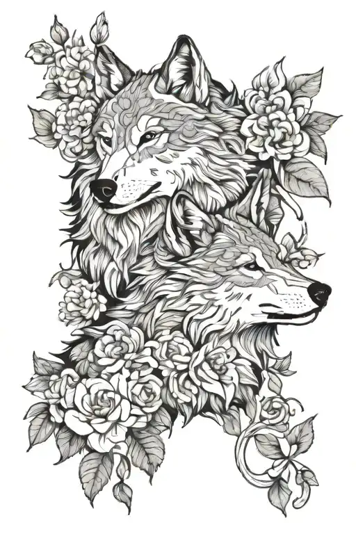 Wolf Couple Surrounded By Blooming Flowers Intertwined