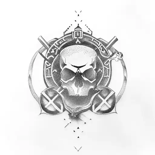 Skull With Shinobi Weapons And Yin Yamg Symbol