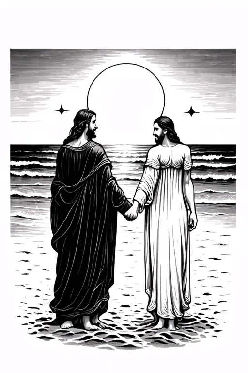 God Holding Husband And Wife Hands On The Beach