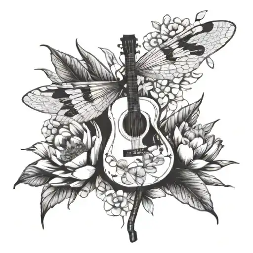 A Dragonfly Playing A Guitar Surrounded By Lotus Flowers And Palm Trees