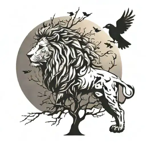 Lion With Flowing Mane And A Tree With Birds