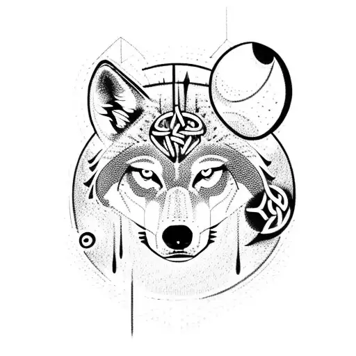 A Dotwork Design Of A Wolf Surrounded By Symbols Representing Engineering And Norse Mythology