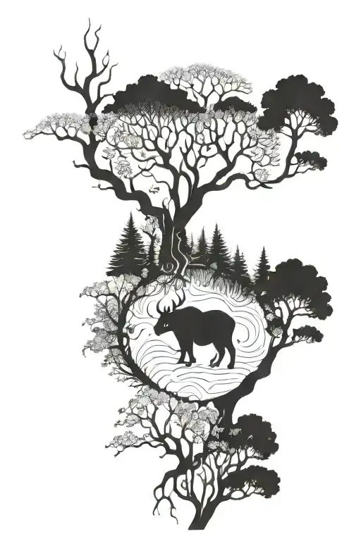 A Mystical Forest Scene Inspired By A Video Game With Blackwork Elements And Hidden Flowers
