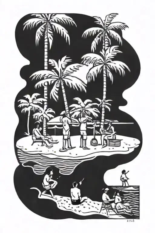 Beach Scene With Palm Trees And Five People Smoking A Blunt Enjoying Life