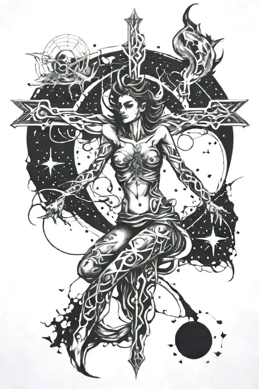 A Demon Women Inside A Cross Constellation Rising