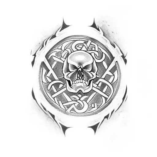 A Skull With Mangekyo Sharingan Eyes Surrounded By Norse Runes