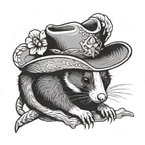 Black And White Possum Wearing Periwinkle Cowboy Hat