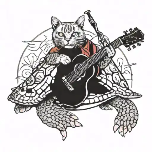 Cat Playing Guitar Riding On Turtle