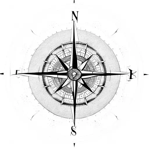 A Detailed Blackwork Tattoo Of A Compass Rose Surrounded By Architectural Blueprints