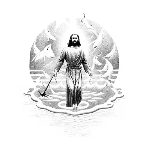 An Intricate Design Of Jesus Walking On Water Surrounded By Fish