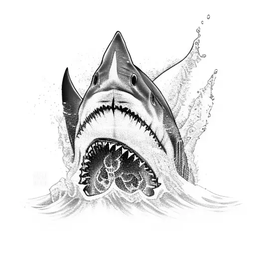 A Fierce Shark Emerging From Crashing Waves