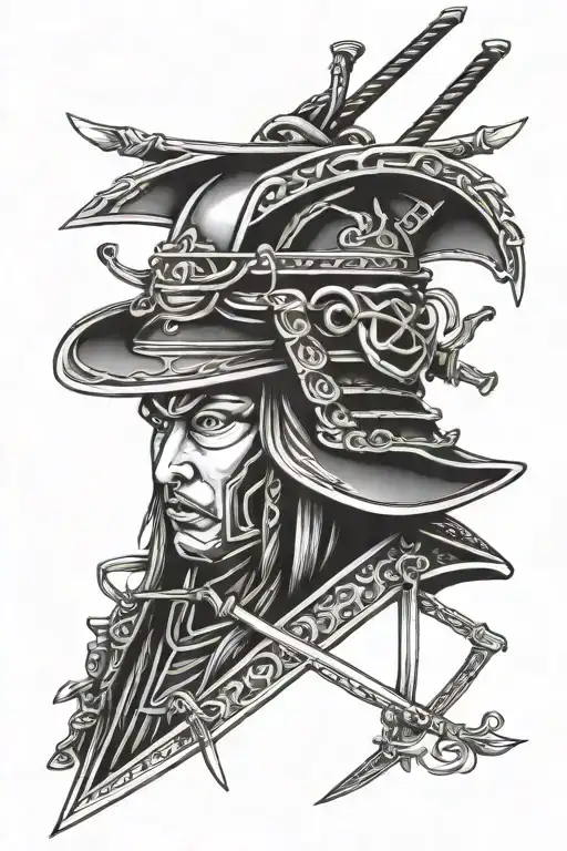 Samurai Brim Hat With 3 Swords