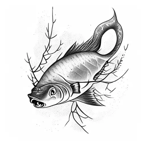 A Detailed Silhouette Of A Catfish Swimming Among Pine Tree Branches