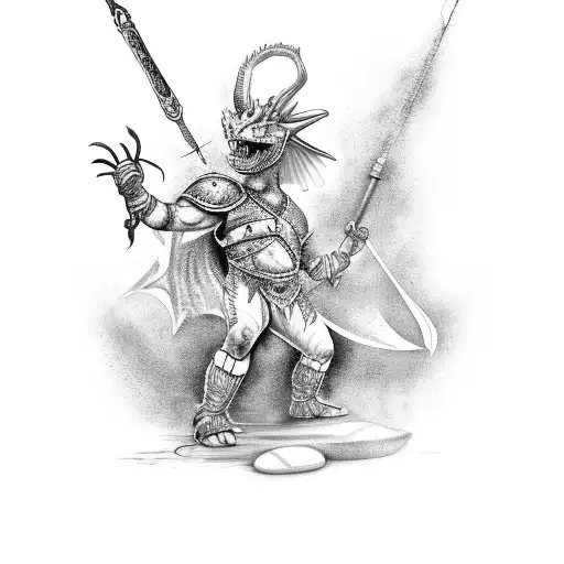 A Gladiator Fighting A Dragon With A Rock Guitar As A Weapon