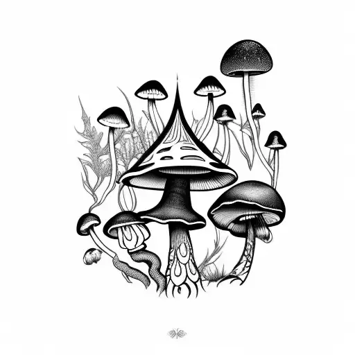 A Unique Blackwork Tattoo Showcasing A Collection Of Different Mushroom Species