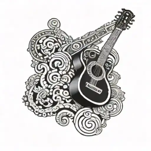 Illustrate A Traditional Mexican Guitar With Mayan Symbols Representing Healing