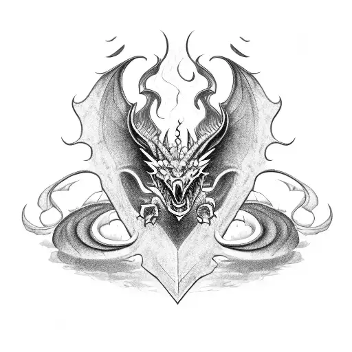 A Blackwork Tattoo Of A Dragon Curled Around A Military Helmet