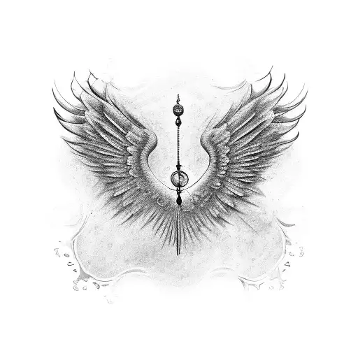 2 Angel Wings With Grandfather Clock Behind Wings