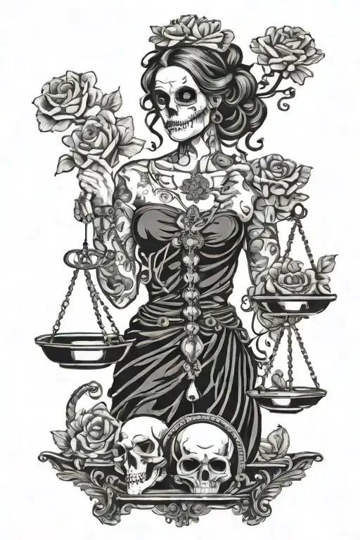 Woman Holding A Balance Scale With Skull And Flower On The Balance Scale