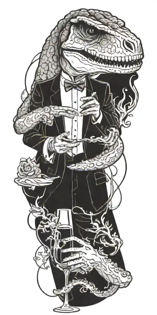 Aquarius Zodiac Sign Entangled With A T-rex In A Tuxedo Serving Wine And Smoking A Cigarette